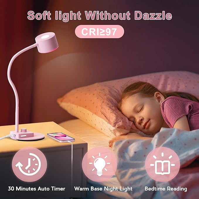 Cute Desk Lamp with USB C + A Charging Port, 5 Colors Dimmable Reading Lamps, Minimalist Pink Lamp for Kids, Eye Care Metal Bedside Table Lamp with Timer Flexible Desk Light for Home Office