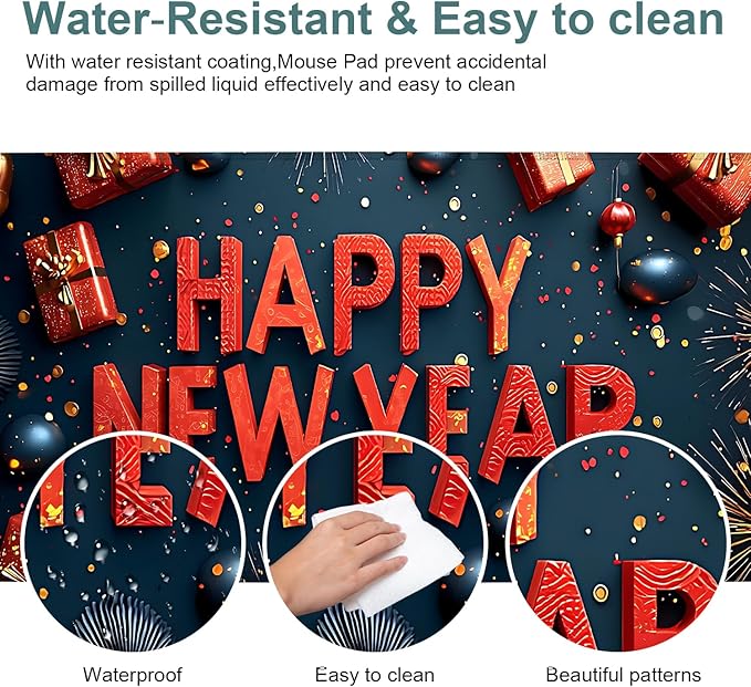 Happy New Year Extended Gaming Mouse Pad 31.5x11.8inches Large Desk Mat Anti-Slip Rubber Base & Durable Stitched Edges for Gamers Smooth Mouse Writing Surface for Desk Office/Home