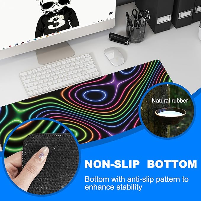 Desk Mat, Colorful Neon Topographic Contour Map Extended Gaming Mouse Pad Large, 35.4"x15.7" Big Mouse Pad with Non-Slip Base and Stitched Edge, Long Computer Keyboard Mouse Mat for Home Office Work