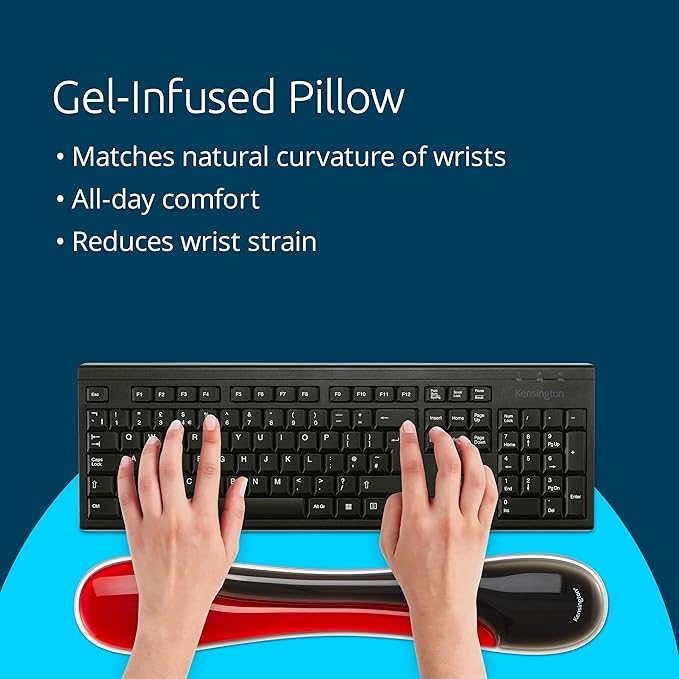 Kensington Slim Duo Gel Wrist Rest for Low Profile Keyboard, Wrist Pad for Keyboard, Ergonomic Wrist Pad for Office, Non-Skid Computer Pad with Wrist Support, Red K62442WW, 19" x 3.7"x 0.7”