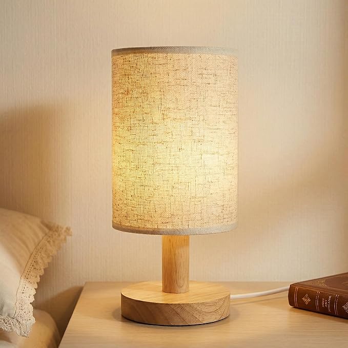 Small Bedside Table Lamp with USB Powered, Minimalist Rustic Wood Base &Linen Shade, 2700K Warm Eye-Care Night Light, Farmhouse Boho Nightstand Lamp for Bedroom Dorm Nursery Kids Room Kitchen
