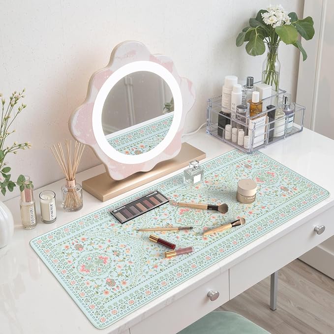 HAOCOO Light Green Computer Pad for Women, Cute Desk Mat with Stitched Edges,Waterproof 35.4" x 15.7" Big Mouse Pad, Anti-Slip Drom Topper Matt, Desk Protector Office Decor