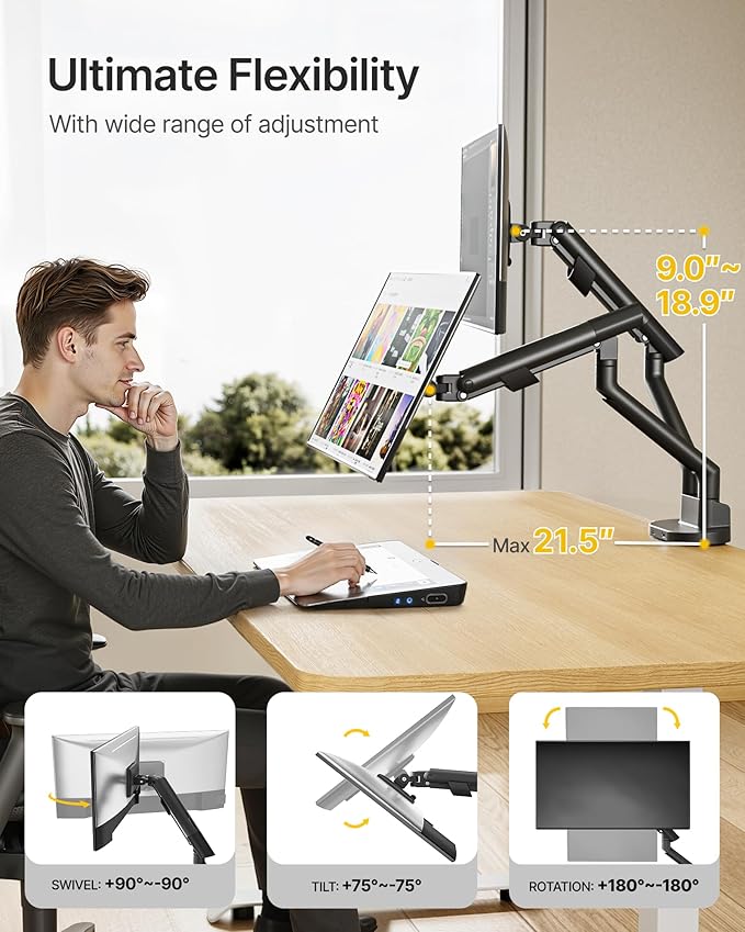 monTEK Dual Monitor Stand Mount with USB Up to 35" Screens, Each Arm Holds Max 24.3 lbs, Full Motion Adjustable Monitor Arm Desk Mount with C-Clamp/Grommet,VESA 75/100mm