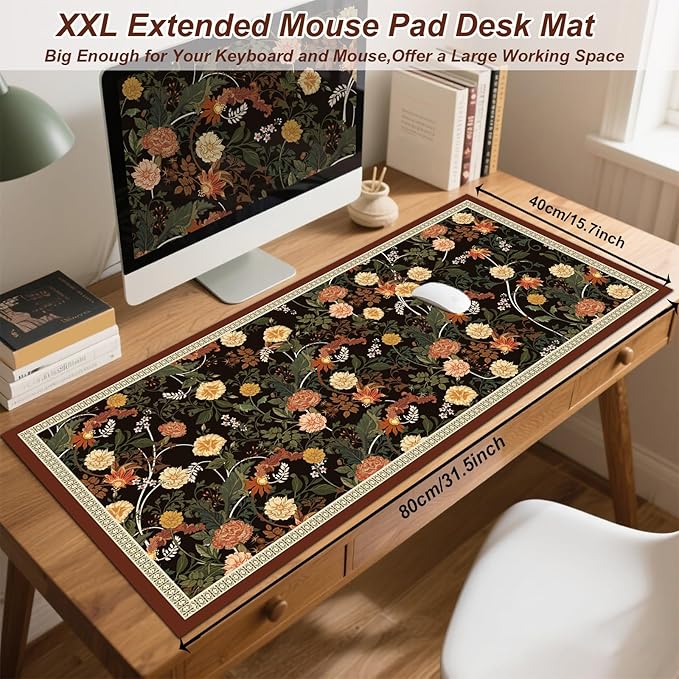 Desk Pad, ZAXOXAZ PU Leather Desk Pad Protector, 31.5" x 15.7" XXL Large Extended Flowers Mouse Pad, Big Desk Mat Floral Desk Blotter, Waterproof Desk Writing Pad for Office and Home