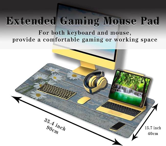 Computer Desk Mat Mouse Pad, Big Non-Slip Rubber Base Mousepad for PC, Work, Game, Office, Home - 35.4 X 15.7 Inch - Daisy Flowers on Old Wooden