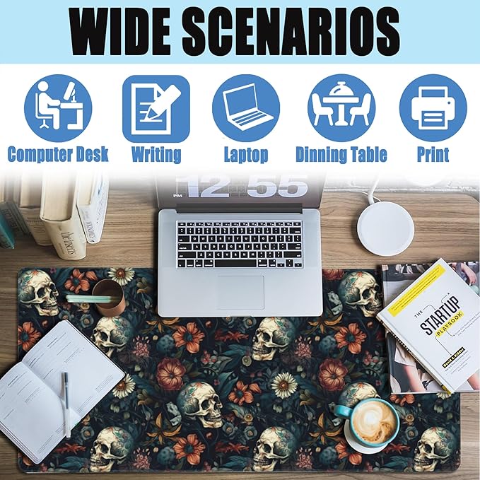Desk Mat,Skulls with Flowers Large Gaming Mouse Pad for Desk XXL,Skull Floral Desk Pad for Desktop,Extended Big Computer Keyboard Mouse Pad with Non-Slip Base and Stitched Edges 35.4"x15.7"