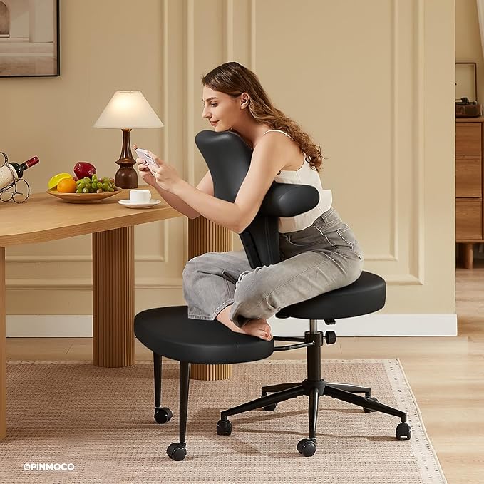 Ergonomic Cross Legged Office Chair Extra Wide for Focus and Meditation, Kneeling Chair with 360° Swivel Wheels and Reversible Seating, Adjustable Height and Seat Depth, PU Leather, Black
