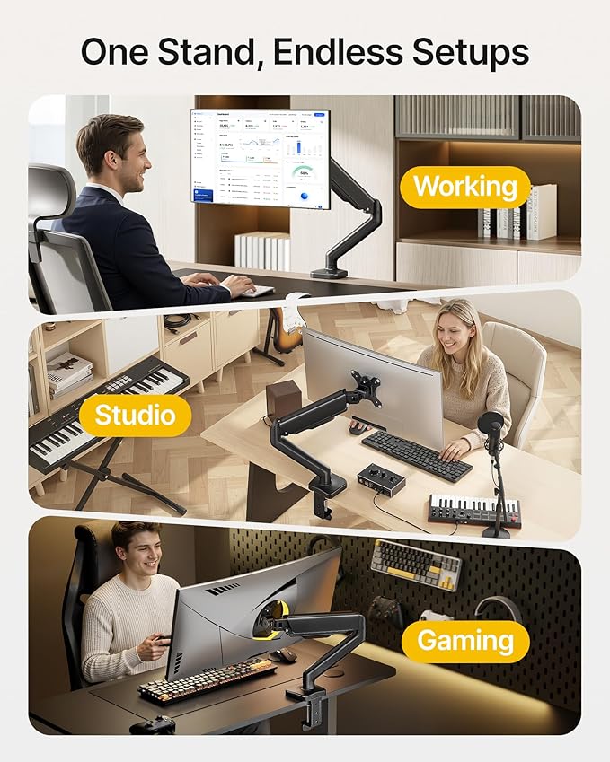 monTEK Single Monitor Arm Fully Motion Adjustable Monitor Mount Fits 17-32 inch Screens Desk Monitor Stand up to 19.8lbs with Clamp/Grommet, Cable Management, Quick Release Plate, VESA 75/100mm