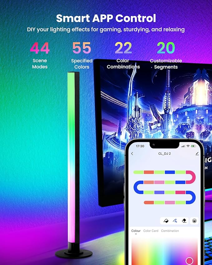 Smart RGB+IC LED Light Bars, 15 Inch Portable TV Backlight, Gaming Ambient Lighting, Color Changing Mood Light, APP Control, Voice Control, 44 Scene Mode, 16 Million Color, Music Sync, For TV, Monitor