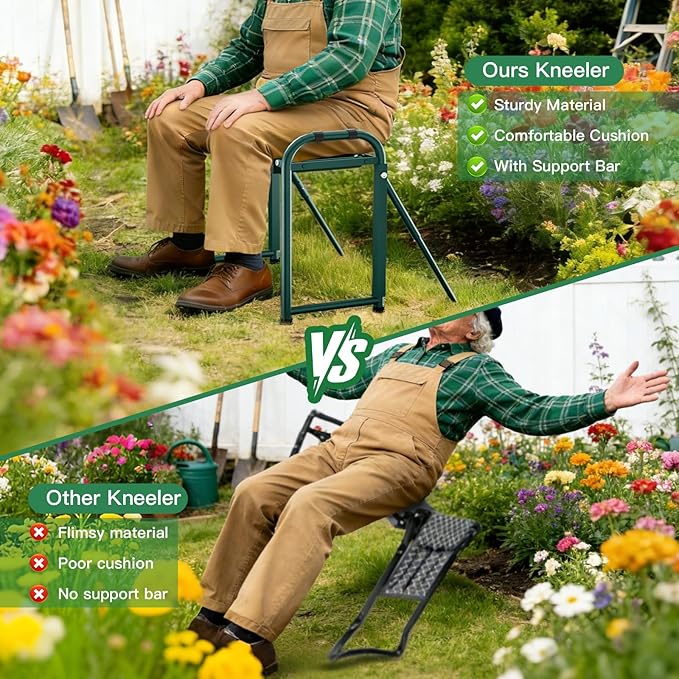 Heavy Duty Garden Kneeler & Seat with Support Legs, 400lbs Capacity Foldable Gardening Stool, Extra Thick Pad & Large Tool Organizer Bag, Ergonomic for Seniors - Dark Green