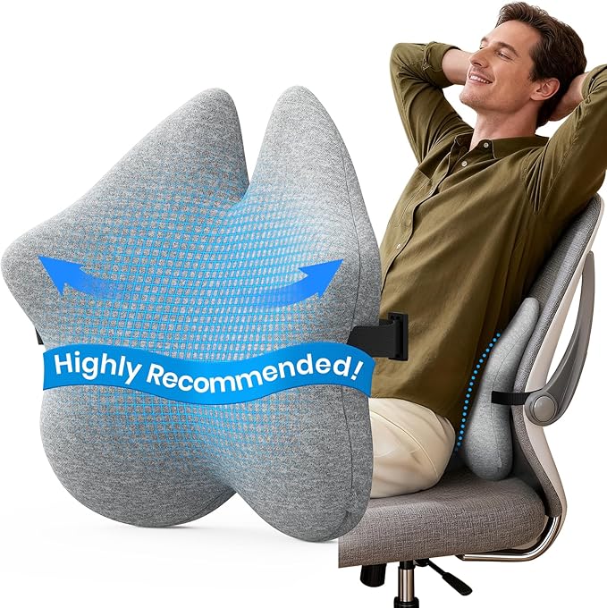 Benazcap Memory Foam Lumbar Pillow, Chair Lower Back Support Lumbar Pillow, Lumbar Support Pillow for Office, Ergonomic Design Back Support Pillow for Office Chair, Car, Home, LightGray