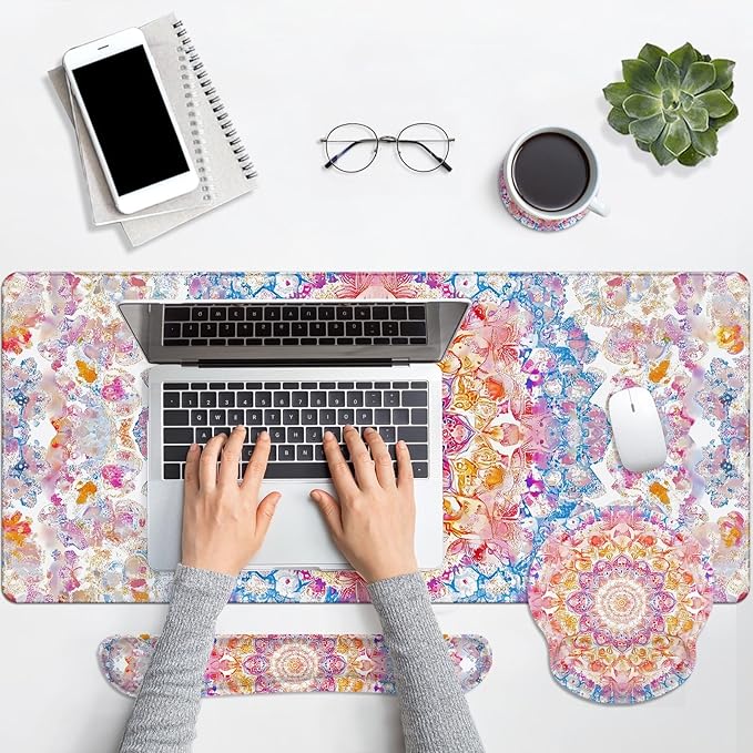 Arttown Boho Flower Floral Desk Mat Ornate Colorful Mouse Pad Set 4 in 1 Vintage Ergonomic Design Large Desk Pad + Keyboard Wrist Rest + Mouse Wrist Rest + Coaster Suitable for Home Office Study Game