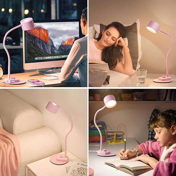 Cute Desk Lamp with USB C + A Charging Port, 5 Colors Dimmable Reading Lamps, Minimalist Pink Lamp for Kids, Eye Care Metal Bedside Table Lamp with Timer Flexible Desk Light for Home Office
