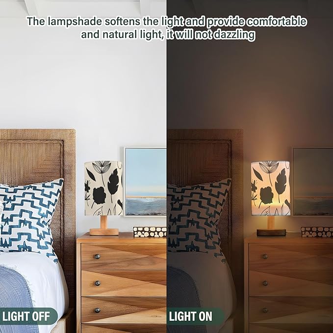Black Floral LED Table Lamp, Bedside Lamp with Linen Lampshade, Flicker-Free Eye Care USB Plug in Nightstand Lamp, for Bedroom and Office