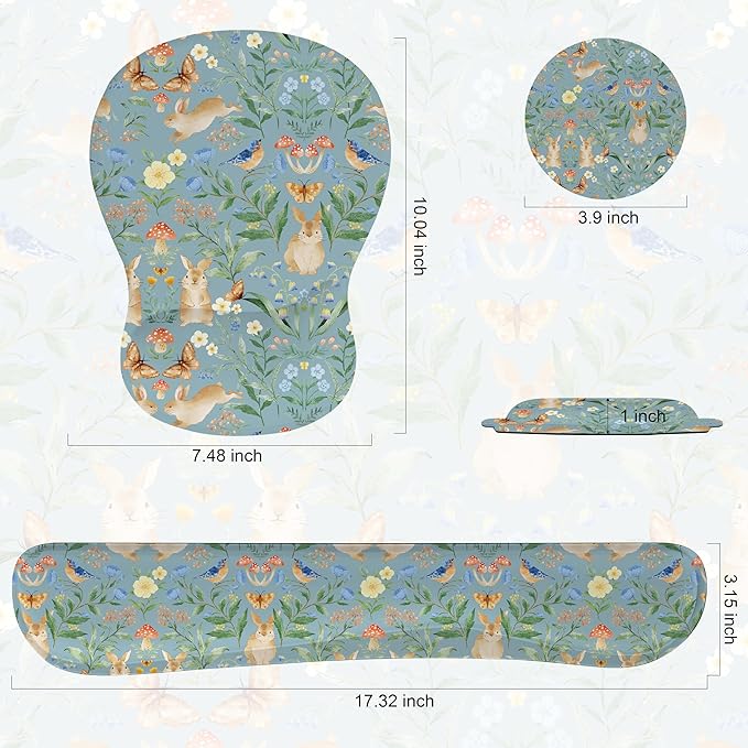 Mouse Pad Wrist Rest Support Keyboard Set Circle Coaster Gaming Mouse Pad Ergonomic Gel Memory Foam Set for Computer, Laptop, Office, Comfortably Typing Rabbit KM-40