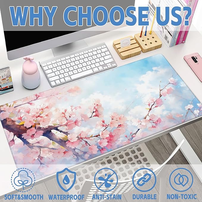 Large Gaming Mouse Pad for Desk,Cherry Blossom Tree Desk Mat for Desktop,Watercolor Floral Desk Pad, Extended Big Computer Keyboard Mouse Pad with Non-Slip Base Stitched Edges 35.4"x15.7"