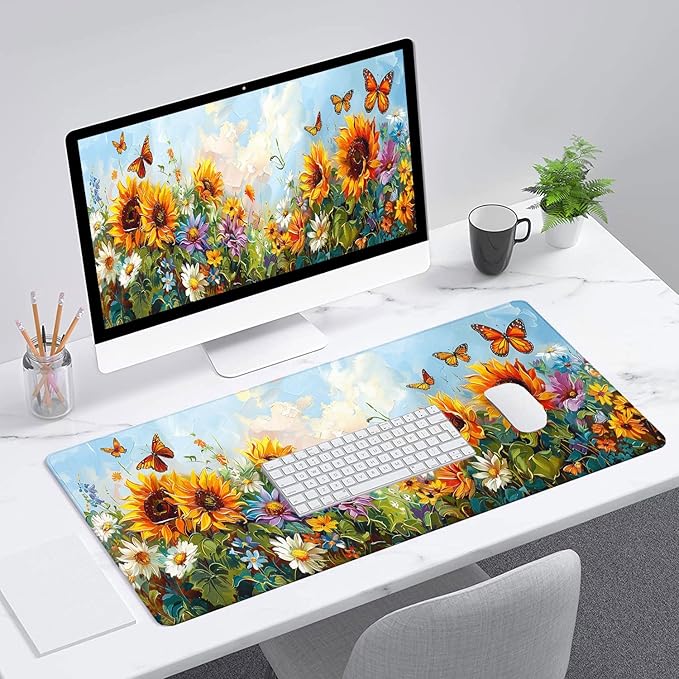 Sunflowers Butterfly Desk Mat Summer Flower Garden Mousepad XL Large Gaming Mouse Pad Laptop Keyboard Mat Desk Pad 31.5"x11.8" Office Home Decor for Women Girl