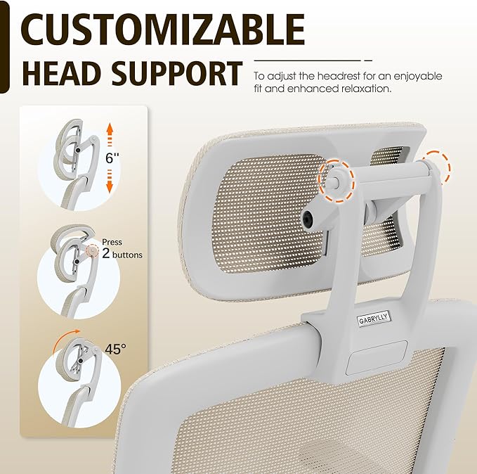 GABRYLLY Ergonomic Office Chair, High Back Home Desk Chair with Headrest, Flip-Up Arms, 90-120° Tilt Lock and Wide Cushion, 300LBS Mesh Chairs for Man Woman, White Task Chair(Beige,GY01WBG)