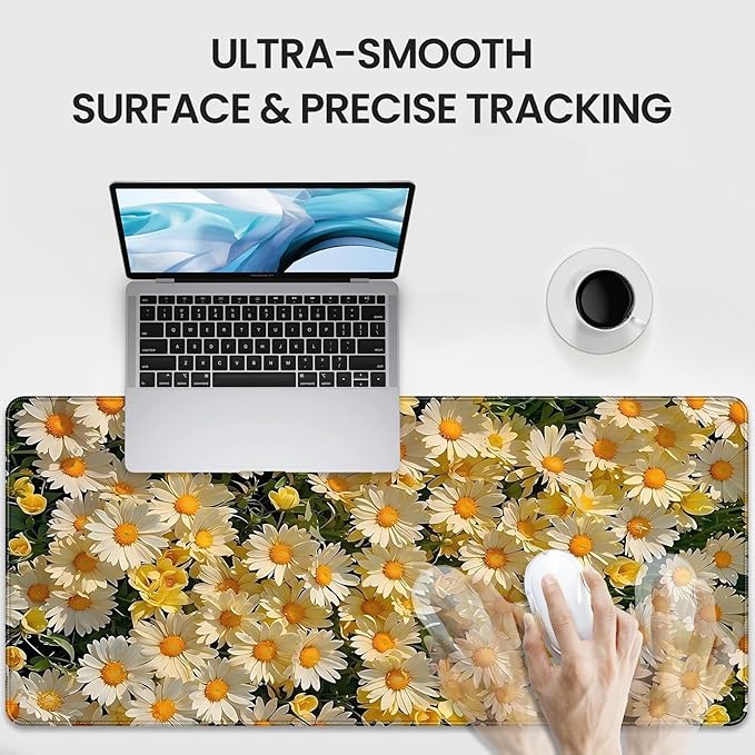XXL Gaming Mouse Pad, Daisy Floral Design, 35.4 x 15.7 Inches, Microfiber Cloth, Rectangular, Non-Slip Rubber Base