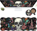 Sugar Skull Flowers Large Gaming Mouse Pad Plus a Coaster, 31.5 x 11.8 inches Desk Mat Extended XL Mousepad with Stitched Edge Non-Slip Rubber, Desk Pad Computer Mouse Mat for Home Office