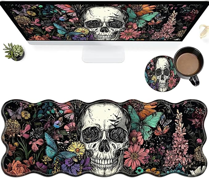 Sugar Skull Flowers Large Gaming Mouse Pad Plus a Coaster, 31.5 x 11.8 inches Desk Mat Extended XL Mousepad with Stitched Edge Non-Slip Rubber, Desk Pad Computer Mouse Mat for Home Office