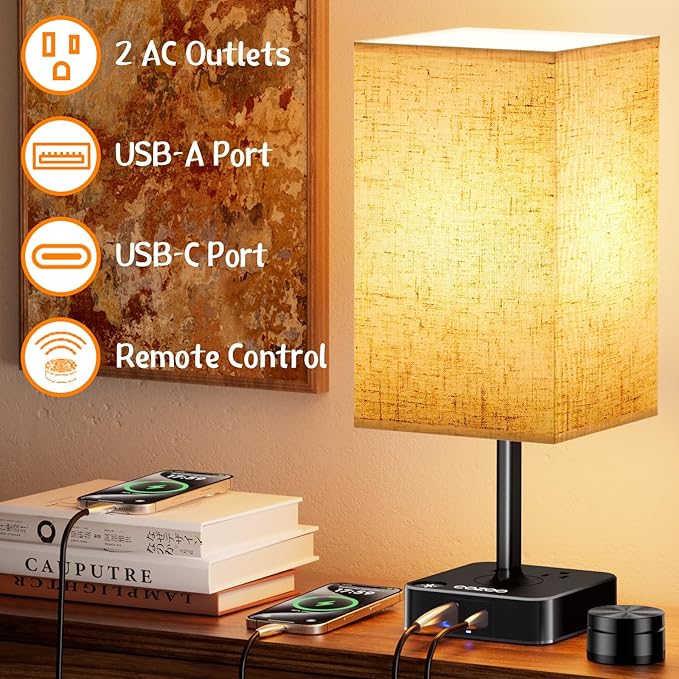 Bedside Table Lamps for Bedroom, 3 Way Dimmable + Remote Control Stepless Dimming Touch Lamps for Nightstand, USB A+C & AC Outlet Small Table Lamp for Living Room, Bed, Study, Include 9W Warm LED Bulb