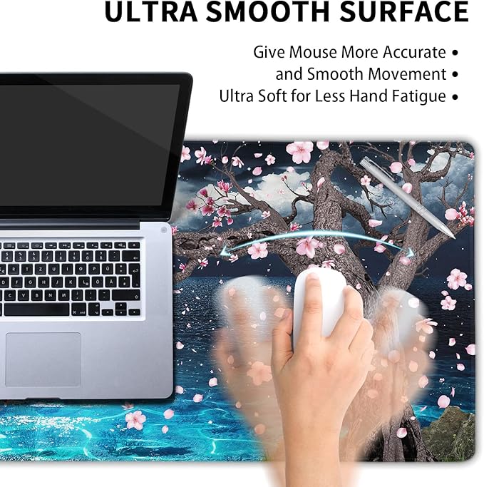 Pink Cherry Blossom Gaming Mouse Pad XXL Sakura Tree Blue Ocean Moon Night Extended Big Large Desk Mat Non-Slip Rubber Base Stitched Edge Long Keyboard Mousepad for PC Computer Laptop,35.4×15.7 in