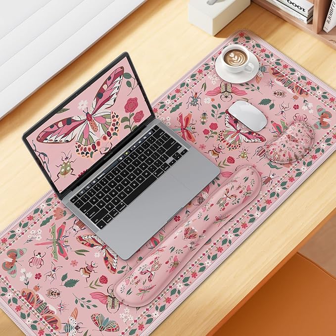 iCasso Large Mouse Pad for Desk, Computer Desk Mat, 3Pcs XXL Keyboard and Mouse Pad + Keyboard Wrist Rest, Desk Matt for Desktop, Easy Typing & Comfort Ultra Thick Mousepad Keyboard Mat (Pink)