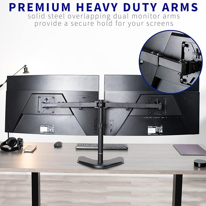 VIVO Premium Dual Ultra Wide LCD LED 27 to 38 inch Monitor Desk Stand, Heavy Duty, Free-Standing Telescoping Arms, Flush Wall Setup, Fits 2 Screens, Black, STAND-TS38B