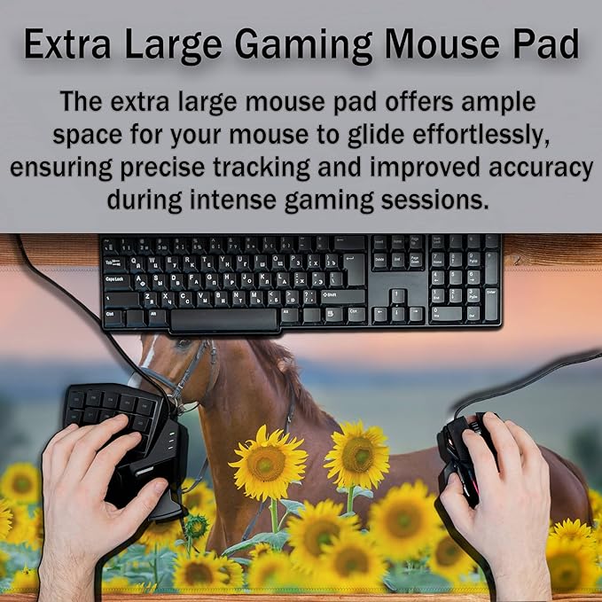 Gaming Desk Mat Sunflowers, Gaming Mousepad Computer Desk Pad, Home Office Decor Non-Slip Rubber Base Waterproof with Stitched Edges, 35.4 X 15.7 inch for Work/Game/Office/Home Red Stallion