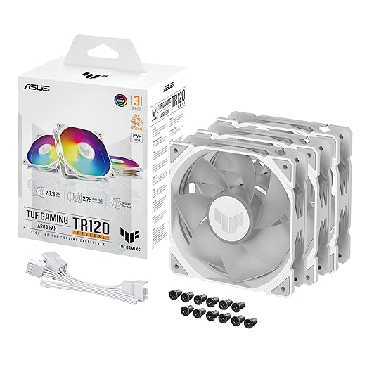 ASUS TUF Gaming TR120 120mm ARGB White Reverse Fan Blade Triple Pack 28mm Fan Frame, 2.75mm H2O Static Pressure, 76.3 CFM Airflow, Double-Layer LED Array, Flexible Side Pattern, Aura sync, PWM
