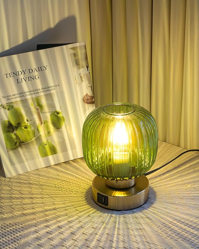 Touch Small Table Lamp,Elegant Green Glass Bedside Lamp 3 Way Dimmable with USB C+A Charging Ports - Bedroom Nightstand & Living Room Essential, 4W Bulb Included (Green)