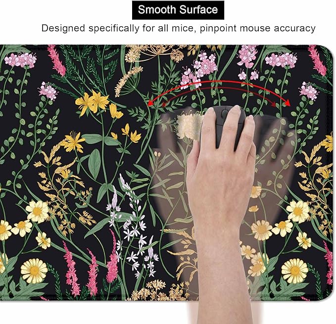Botanical Colorful Flowers Gaming Desk Mat, Blooming Herb Floral Plants XXL Large Mouse Pad, Computer Mat for Desk, Accessory Decor Gift - 35.4 x 15.7 Inch, Vintage Flowers Black