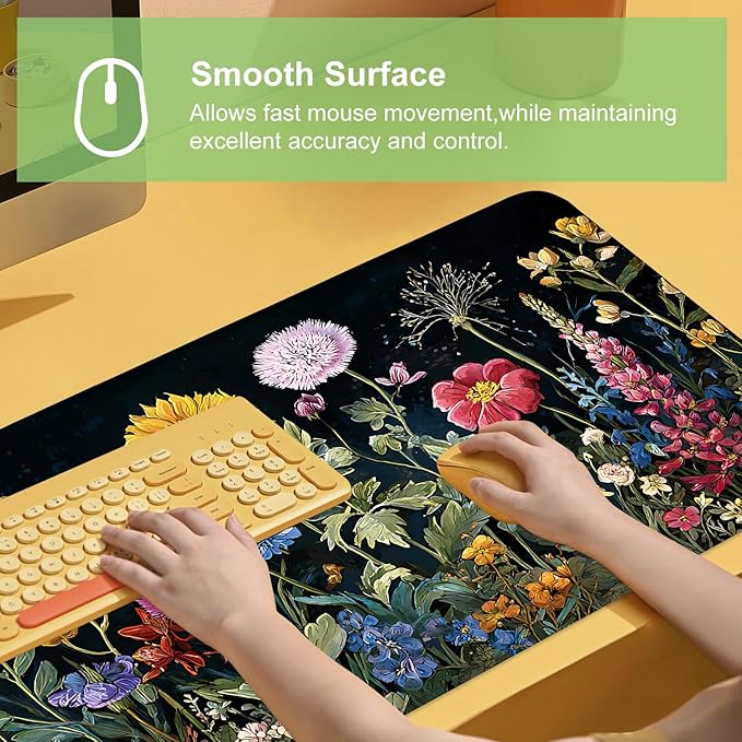 Desk Mat, XXL Extended Gaming Pad for Desktop, 35x16 Inches Dark Floral Art on Dark Background, Large Non-Slip Vegan Leather Keyboard Mouse Mat for Home Office