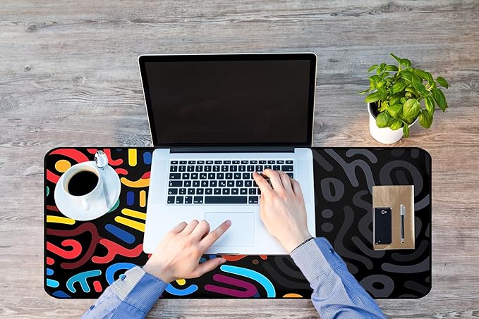 Colorful Line Desk Pad, Abstract Art Mouse Pad Mat XXL, Black Large Office Desk Keyboard Pad, with Non Slip Rubber Base and Stitched Edges Mouse Pad, Game Player's Desktop Decor 31.5"X15.7"