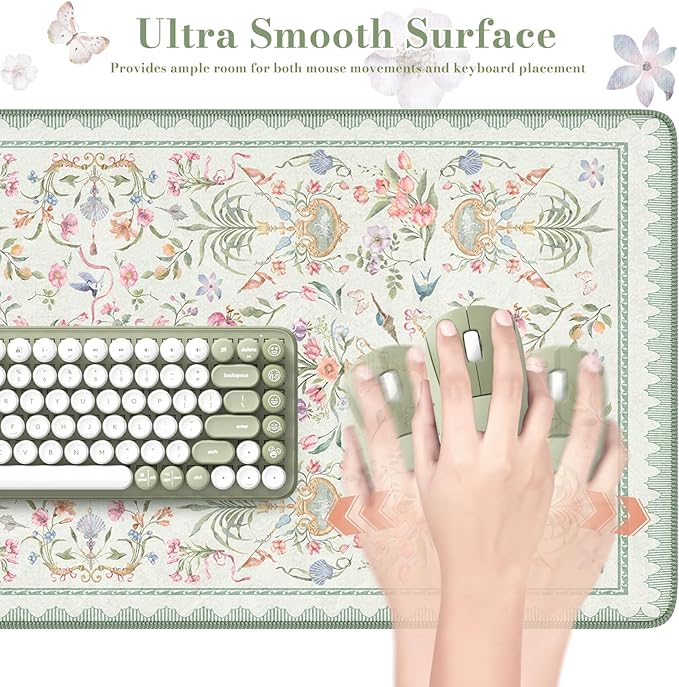 HAOCOO Floral Mouse Pad, 35.4" x 15.7" Waterproof Makeup Mat, Cute Aesthetic Desk Decor Pad, Women Office Keyboard Matt with Stitched Edges, Green Desk Accessories Work for Home