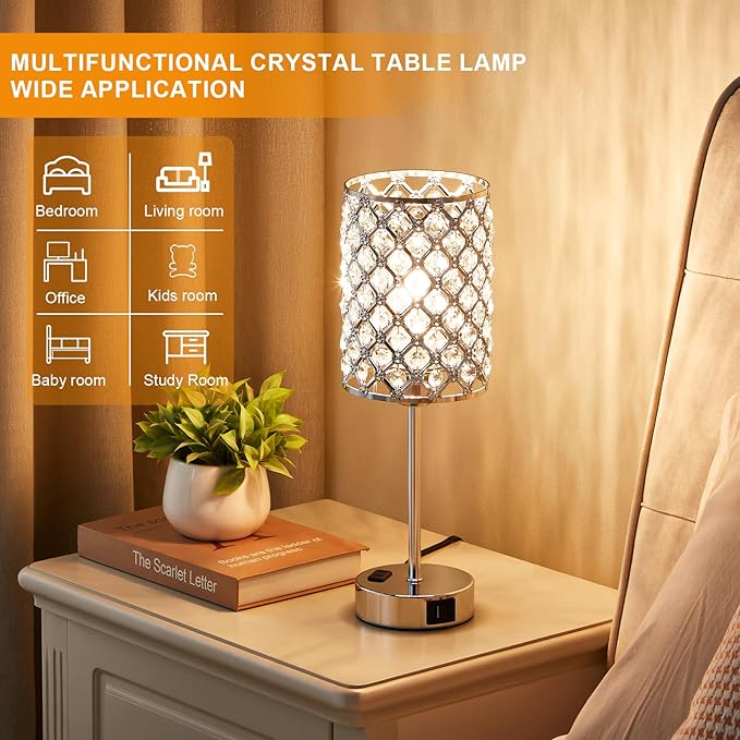 Table Lamps for Bedroom Set of 2-Crystal Table Lamp with USB C+A Ports & AC Outlet Sliver Nightstand Touch Lamp with 3-Way Dimmable Bedside Side Desk Lamp for Living/Bedroom (LED Bulb Included)