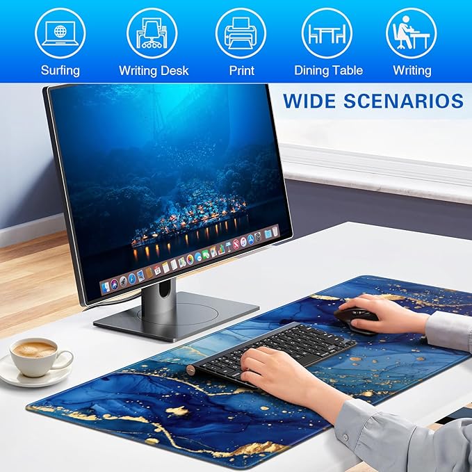 Mousepad Blue, Large Gaming Mouse Pad XXL 35.4×15.7in, Extended Computer Keyboard Mouse Mat Desk Pad for Laptop with Stitched Edges, Waterproof Mousepad for Gamer Home&Office Women