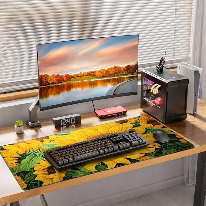 XXL Large Gaming Mouse Pad, 35.4 x 15.7 inches, with Non Slip Rubber Base, Extended Keyboard Pad for Home Computer Office Workstations, Large Laptop Mouse Pads Sunflower