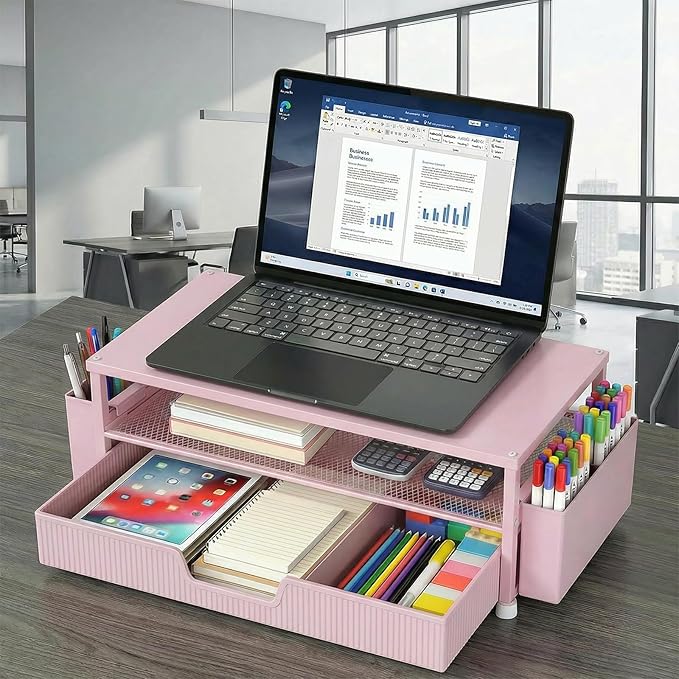 Desk Organizer and Accessories, 2-Tier Computer Monitor Stand Rise with Storage Drawer & 2 Pen Holders, Laptop & Printer Stand for Desktop, Workspace Organizers for Office Supplies (Pink)