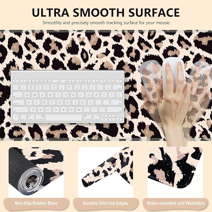 iLeadon Mouse Pad Set, Desk Mat + Mouse Pad with Wrist Rest + Keyboard Wrist Rest + Coaster, 4in1 Leopard Mouse and Keyboard Pad Set for Home Office, Classic Leopard