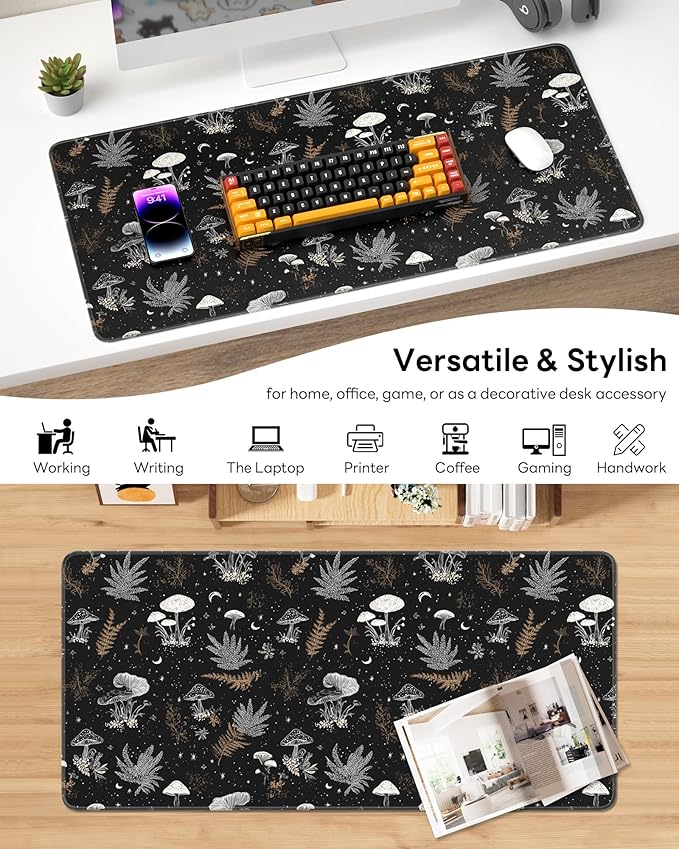 XL Gaming Mouse Pad, 31.5x15.7'' Large Desk Mat with Anti-Slip Rubber Base & Stitched Edges for Gaming, Office, Home, Black Art