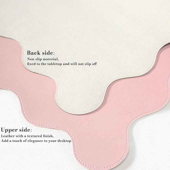 iCasso Leather Desk Pad Pink,Extra Large Mouse Pad for Desktop,Waterproof PU Nail Table Mat,Cute Scalloped Keyboard Mats for Women Girl,Non-Slip Desk Cover Mat for Office Home Dorm
