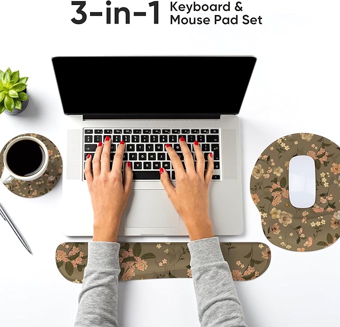 Ergonomic Keyboard Mouse Pad Wrist Rest Support Set for Laptop/Computer/Desktop,Memory Foam Hand Rest Wrist Cushion for Gaming/Office,Lightweight Comfortable (Flowers)