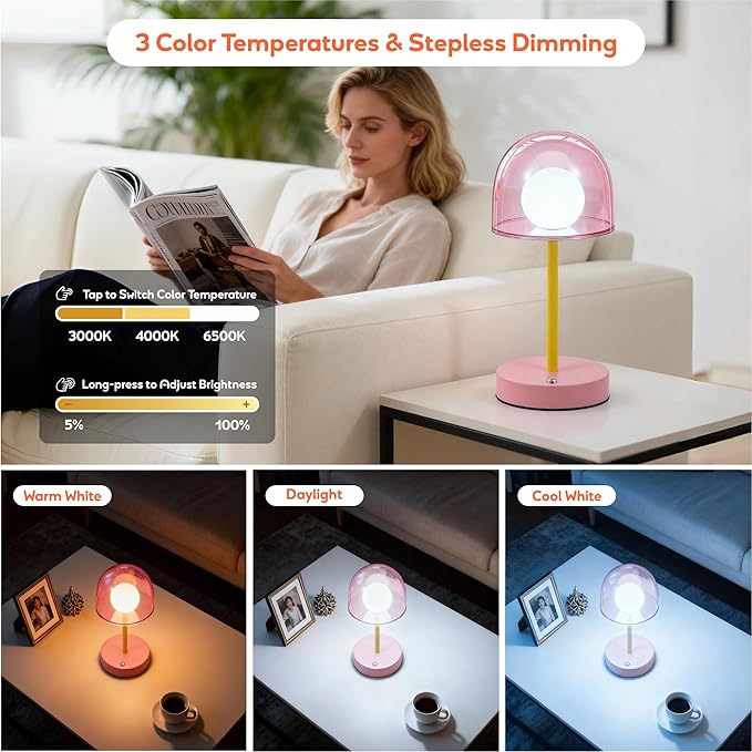 Cordless Touch Lamp Battery Powered, Rechargeable Table Lamp Dimmable, Coffee Table Small Lamps IP44, LED Wireless Desk Light for Girls Bedroom Playroom Nightstand, 7.7" W X 10.6" H (Pink)