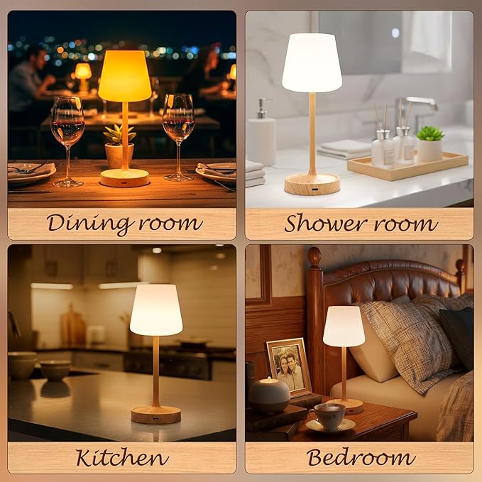 Small Shower Lamp Waterproof: Table Lamp with 4000mAH Battery - Rechargeable 3 Dimmable Cordless LED Lamp for Desk Bedroom Living Room Bathroom - Wood Grain Touch Light for Parents Kids