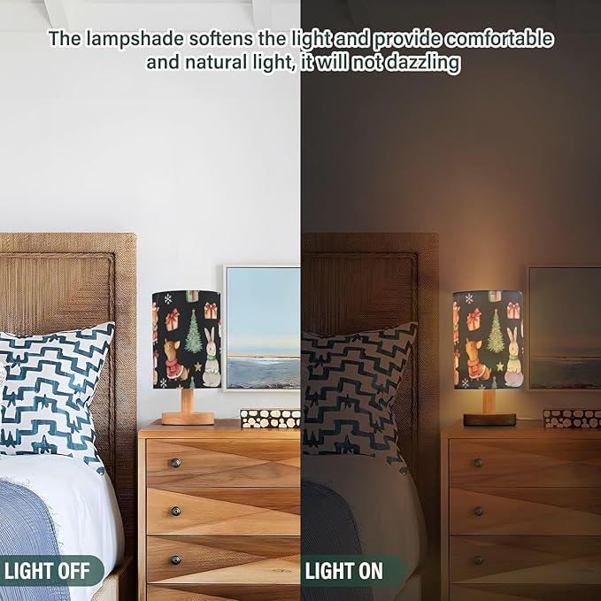 Christmas Cartoon LED Table Lamp, Bedside Lamp with Linen Lampshade, Flicker-Free Eye Care USB Plug in Nightstand Lamp, for Bedroom and Office
