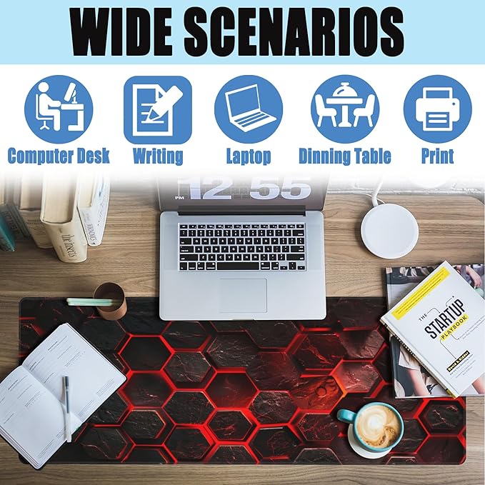 Large Gaming Mouse Pad for Desk,Red Honeycomb Science Technology Desk Mat,Honeycomb Hexagon Desk Pad,Extended Big Computer Keyboard Mouse Pad with Non-Slip Base Stitched Edges 31.5"x11.8"