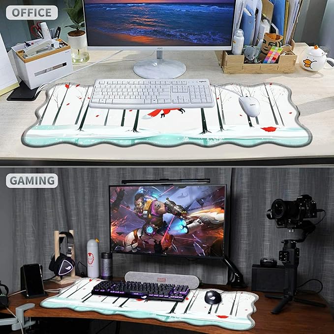 Winter Forest Fox Large Gaming Mouse Pad Plus a Coaster, 31.5 x 11.8 inches Desk Mat Extended XL Mousepad with Stitched Edge Non-Slip Rubber, Desk Pad Computer Mouse Mat for Home Office