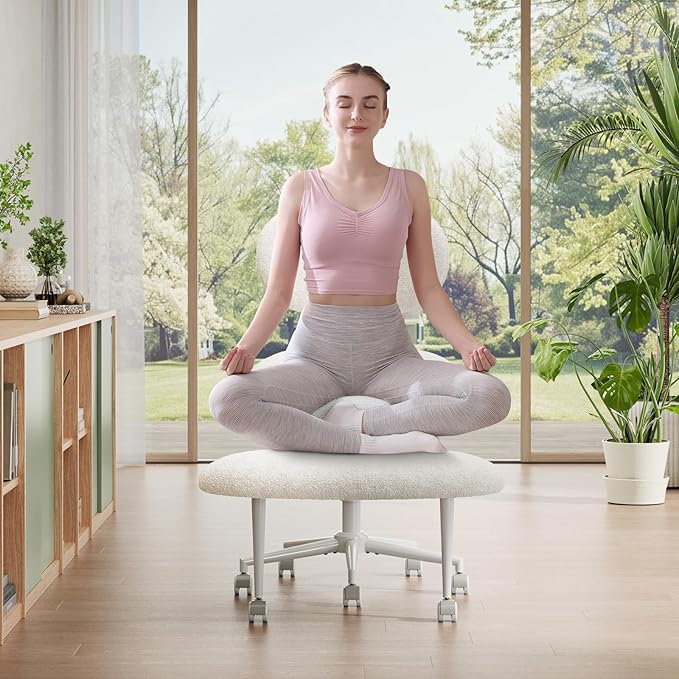 Ergonomic Cross Legged Office Chair with Wheels, Focus-Friendly Chair for Adults, Meditation Chair, Yoga Office Chair, Comfortable Lumbar Support, Height Adjustable, Small Spaces, Teddy Fabric, White